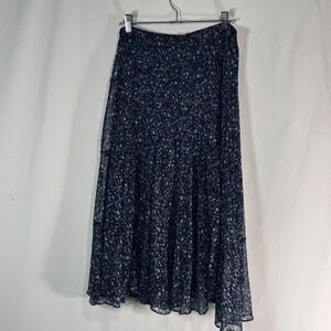 Charter Club Petite Navy Floral Tiered Maxi Skirt 8P Rayon Boho Crinkle Ruffle